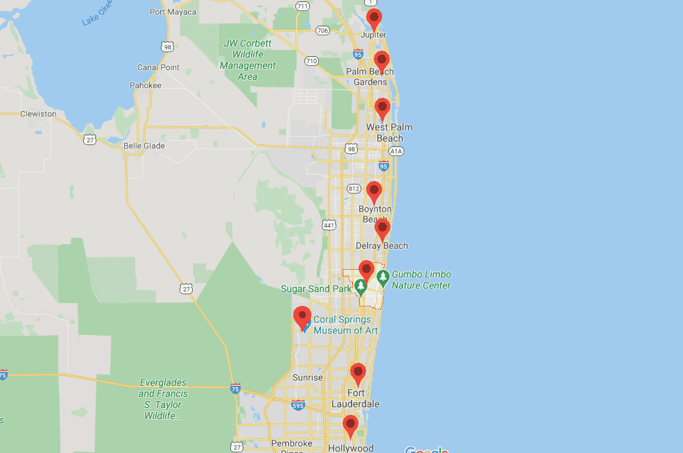 map of the cities in broward and palm beach counties that Caner Air serves